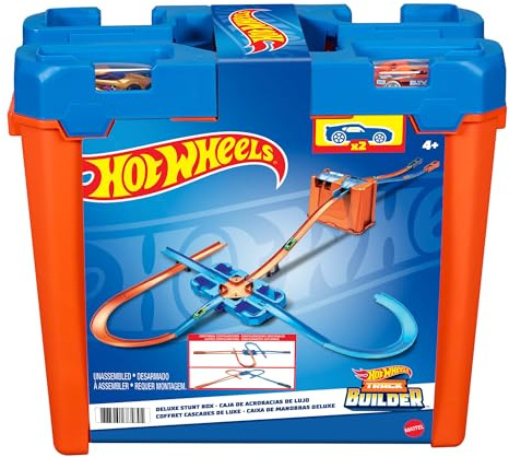 Hot Wheels Bahn Track Builder, Autorennbahn Bauset für Hot Wheels Autos, inkl. 2 Spielzeugautos, Spurwechsler, steile Kurven, Crashzone, Auto Spielzeug, Spielzeug ab 4 Jahre, GGP93