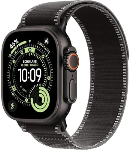 Apple Watch Ultra 3 GPS + Cellular 49 mm Premium Smartwatch für Lauftraining und Kombinationssport mit robustem Titangehäuse in Schwarz und Trail Loop in Schwarz/Kohlegrau (M/L)