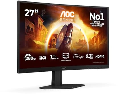 AOC C27G4ZXE 27 Zoll Curved, FHD Gaming Monitor, 280Hz, Fast VA Panel, 0.3ms MPRT, Adaptive Sync, HDR10, FreeSync Premium, (1920x1080 HDMI 2X 2.0 DP 1x 1.4) Schwarz