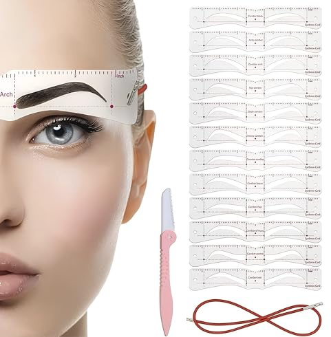 Augenbrauen Schablonen 10+2 Paare und Brauenklinge – Wiederverwendbare Formen zum Brauenstyling – Für Anfängerinnen geeignet – Rosa Kunststoffhalter für präzise Konturen und Symmetrie