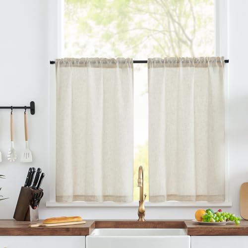 TOPICK Scheibengardinen modern Wohnzimmer Beige Bistrogardine 2er set Scheibengardinen Küche Leinenoptik Küchengardinen kurz H60xB65 cm Gardine für Küchenfenster Vorhänge Küche Landhausstil