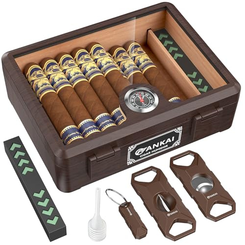 FANKAI Zigarren-Humidor, Zigarrenetui mit Glasdeckel mit geradem Schneider-Guillotine, V-Schnitt, Stanzwerkzeug, spanisches Zedernholz-Auskleidung, bruchsichere Aufbewahrungsbox mit Luftbefeuchter und