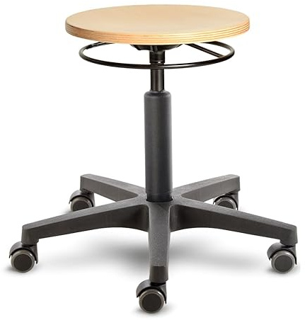 Prova Nova GmbH Werkstatt-, Roll- und Drehhocker 3531, abgedeckte Gasfedersäule, Sitzhöhe ca. 42-62 cm, Ringauslösung, Holz-Rundsitz, Rollen