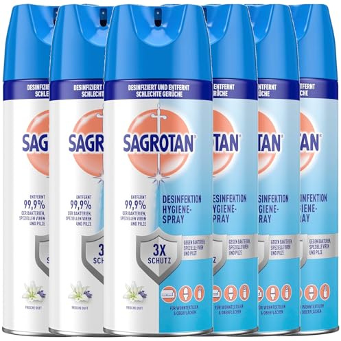 Sagrotan Hygiene-Spray (Aerosol) Desinfektionsspray (für Textilien und Oberflächen im Haushalt, Sprühflasche im praktischen Vorteilspack) 6 x 400 ml