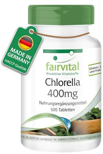 fairvital Chlorella Tabletten 400mg, 500 Tabletten, schluckfreundlich, HOCHDOSIERT, 100% Chlorella-Algenpulver (Chlorella vulgaris), VEGAN