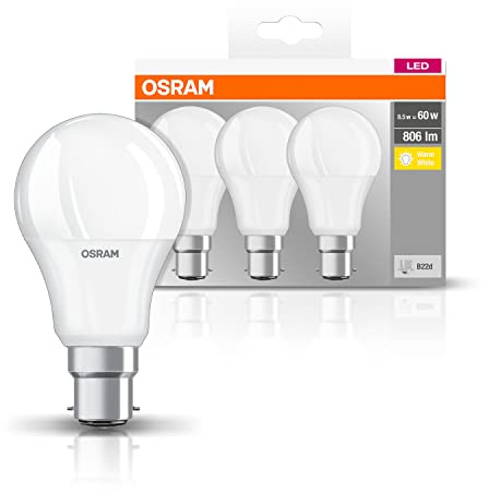 OSRAM Lamps LED Base Classic A Lampe, in Kolbenform mit B22d-Sockel, nicht dimmbar, Ersetzt 60 Watt, Matt, Warmweiß - 2700 Kelvin, 3er-Pack, 4052899961531