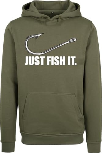 Baddery Angler Hoodie Herren - „Fish It“ - Kapuzenpullover für Angler und Hobbyangler (Oliv L)