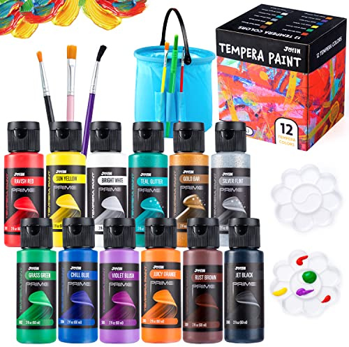 JOYIN12 waschbare Tempera-Farben für Kinder (jeweils 56,7 g), flüssige Plakatfarbe mit 6 Pinseln, 2 Paletten und 1 Eimer zur Reinigung der Pinsel, ungiftige Kinderfarbe
