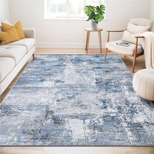 Guchuang Bedding Teppich Wohnzimmer Abstrakt Modern 200x300cm, Blau Grau | Große Teppich Waschbar Meliert Verwischt Carpet rutschfest Weich für Wohnzimmer Schlafzimmer Büro Essenzimmer