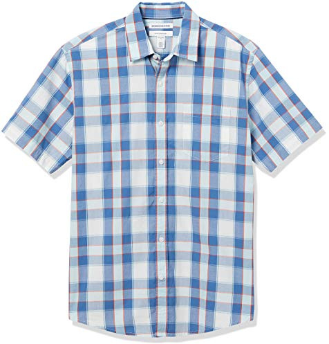 Amazon Essentials Herren Kurzärmeliges Hemd aus Popeline, Normale Passform, Blau Kariert, XL