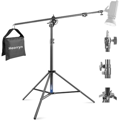 Heorryn 2-in-1 Aluminium Lichtständer 400cm/13ft, Einstellbare Fotografie Lichtstativ Lampenstativ mit Auslegerarm 1/4 Schraube für Softbox, Regenschirm, Ringlicht, Studio Monolight, Max Load 5kg