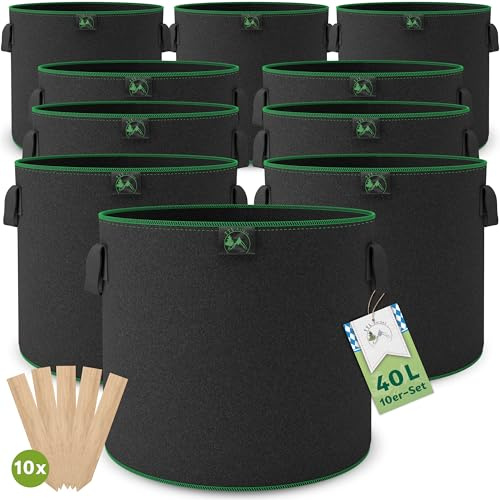 TTL GARDEN 10x 40L Pflanzsack aus Vlies Stoff aus 300 g/m² Filz & Vlies - | 10er Set 40 Liter Pflanztaschen aus - Pflanzgefäß Pflanzbeutel Wachstumstasche für Balkon Terrasse Gewächshaus & Garten