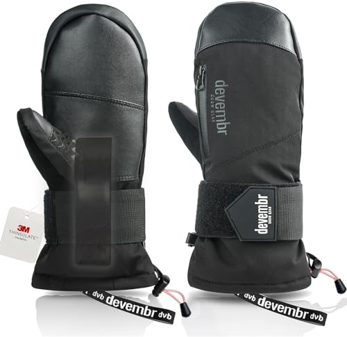 devembr Ski-Fäustlinge mit Handgelenkschützern, Warme Snowboard-Fäustlinge, Wasserdicht, Schwarz, M