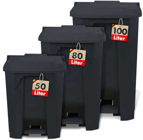 Floordirekt Mülleimer 50 Liter, Grauer Deckel, Abfalleimer für Küche und Büro, Mülltrennsystem, Tretmülleimer mit Step-On-Mechanismus, Papierkorb, Mülltonne Olaf