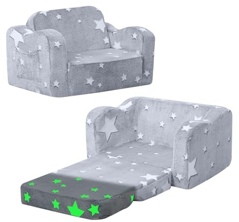 MeMoreCool Kindersofa Ausklappbar, 2-in-1 Kleinkinder Schlafsofa, Kindersessel mit Schlaffunktion, Mini Couch für Kuschelecke Kinderzimmer, Fancy Spielsofa für Mädchen und Jungen, Grau Stern