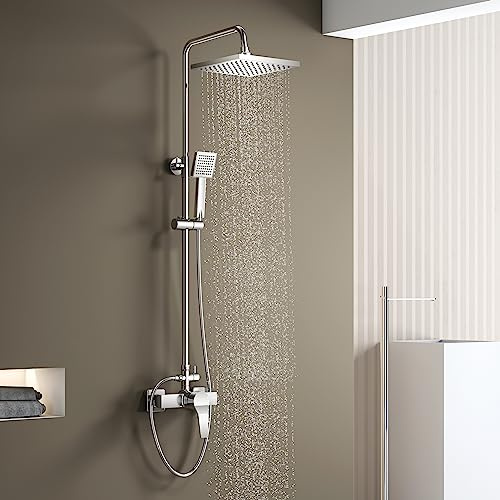 KOMIRO Duschset mit Armaturen, Duschsystem mit Einhebelmischer-Brausearmatur, verstellbarer Brausestange und quadratischem Duschkopf, Regendusche mit Armatur