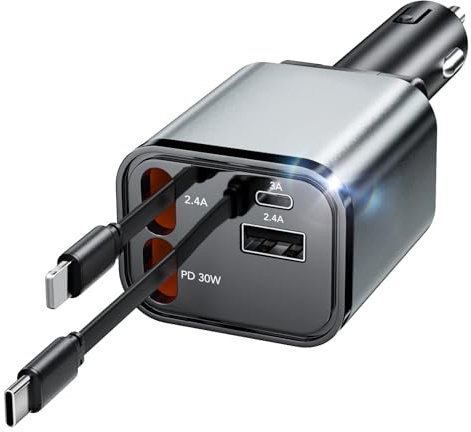 Aimtel 4 in 1 Zigarettenanzünder USB C 69W Auto Ladegerät, Kfz Ladegerät für Camping Wohnmobil Ladegerät Auto, Car Charger mit Einziehbarem Kabel,12V/24V USB Adapter Auto Kompatibel mit iPhone/Samsung
