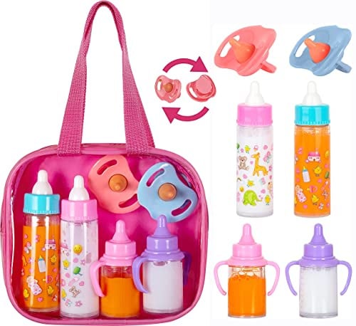 fash n kolor®️ Puppenzubehör Baby Puppen Zubehör für puppenwagen, 6 Set in Wickeltasche, Magische Flasche Puppenzubehör Furniture, Babypuppen, Spielzeug, Puppenpflegeset mit 2 Flaschen und 2 Pacifier