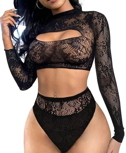 Buitifo Damen Dessous-Sets Fischnetz Nachtwäsche | Langärmelige Bluse Shirt,Nylon Dessous Set,Rave Outfit Damen,Party Outfit Curvy Techno