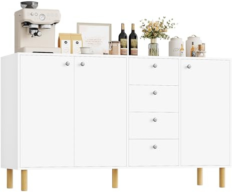 FirFurd 140cm Sideboard Küchenschrank mit Arbeitsplatte Buffetschrank mit 3 Türen und 4 Schubladen Küchenkommode für Küche Wohnzimmer Esszimmer 140x40x80cm weiß
