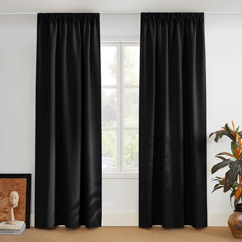 PONY DANCE Blickdichte Vorhänge Schwarz 2er Set H 220 x B 140 cm Thermogardinen Hitzeschutz Schlafzimmer Gardinen mit Kräuselband für Schiene Thermal Blackout Curtains for Bedroom