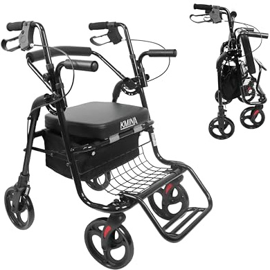 KMINA Rollator Rollstuhl 2 in 1 faltbar und leicht, mit Sitz, Korb, Schwarz | Gehwagen aus Aluminium für glatte Böden, Höhe 82,5 bis 95 cm in 6 Stufen, Räder 20 cm, Bis 136 kg, Innen und Außen