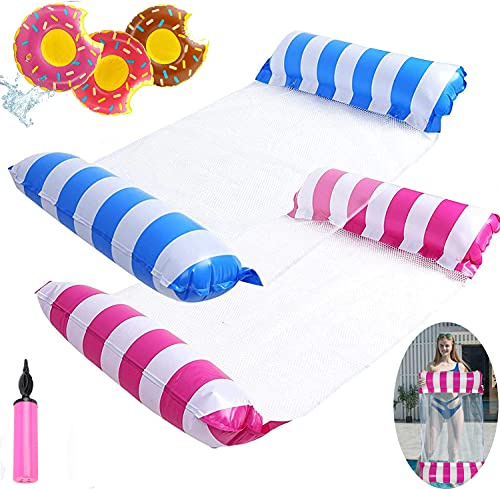 2Pack Aufblasbare Wasserhängematte, Zusammenklappbar Aufblasbares Schwimmbett 4 in 1 Schwimmmatratze Strandmatte für Wasserspaß mit Aufblasbarer Getränk Schwimmen+Luftpumpe （New