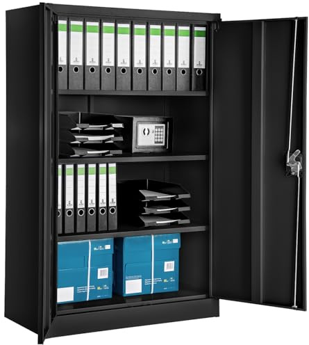 tectake® Aktenschrank abschließbar, Schrank Büro, Metallschrank zur Werkstatteinrichtung, Besenschrank, Vorratsschrank, Werkstattschrank, Spind Schrank - schwarz, 140x90x40 cm | Nr. 402937
