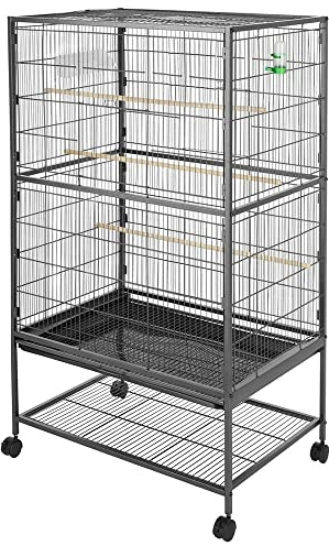 Melko Vogelvoliere mit Rollen Vogelkäfig Metall Voliere für Papageien Wellensittich Käfig Außenvoliere Zuchtkäfig Zimmervoliere inkl. Sitzstangen, Futternapf, Vogeltränke und Schmutzwanneneinsatz