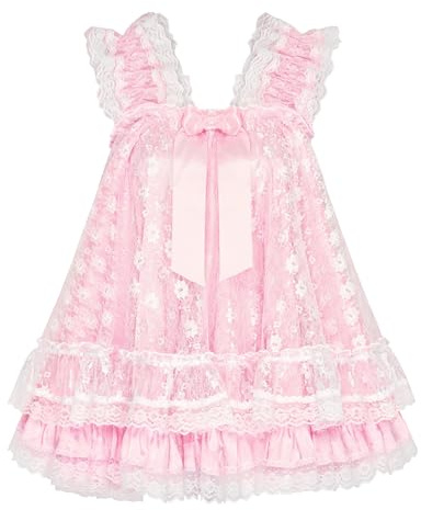 Satini Sissy Satin Babydoll Blumenspitze Dessous | Zweilagiges Design, Spitzenüberwurf, Schleife vorn, Elastische Träger, Vielseitig tragbar, Größen S-XXL