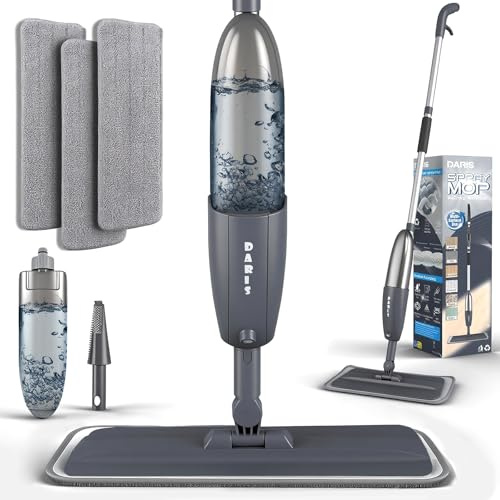 Grauer Wischer mit Sprühfunktion, 360° drehbarer Bodensprühwischer mit 3 waschbaren Mikrofaserpads, 360 ml nachfüllbarem Wassertank, Leichter Nasssprühmopp-Bodenwischer für Zuhause, Küche