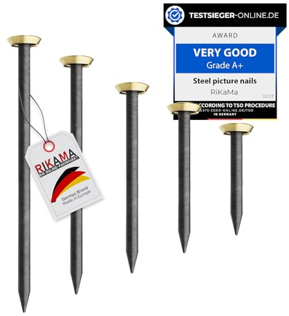 RIKAMA® – 50 Bildernägel im Mix aus je 10 x 20mm, 25mm, 30mm, 40mm, 50mm – Stahlnägel für den Einsatz auf Beton, Ziegelstein, Putz & Holz – Made in Italien (Goldener Kopf)