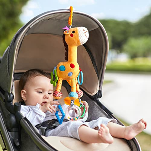 TUMAMA Baby Spielzeug Kinderwagen 3 6 9 Monate, Giraffe Hängendes Rasselspielzeug Baby Kinderwagen Spielzeug mit Windspielen,Autositz Krippe Plüsch Tier Aktivitäts Spielzeug Geschenk für Neugeborene