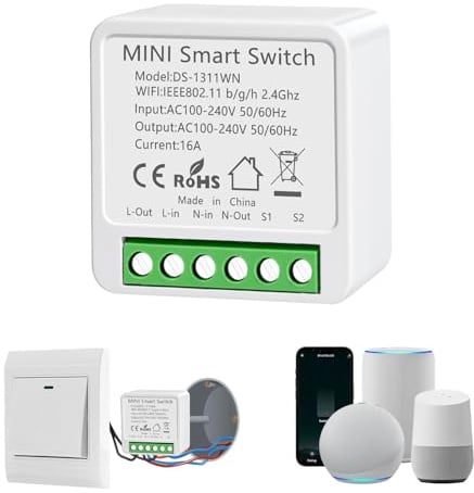 1 Stück Smart Lichtschalter Modul, Alexa Lichtschalter Smart Home, Mini WLAN Smart Switch Kompatibel Alexa, Sprachsteuerung, Smart Life Schalter, Neutralleiter Erforderlich
