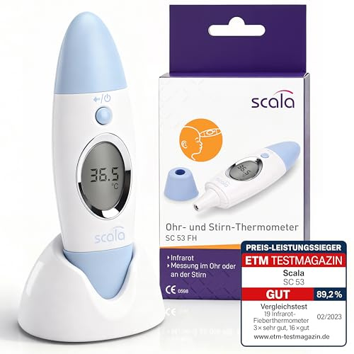 scala SC 53 Infrarot Ohr- und Stirnthermometer – Digitales Fieberthermometer für Kinder & Erwachsene – 3 Sek. Messzeit, akustischer Fieberalarm & 10 Speicherplätze