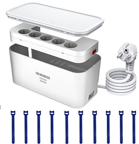 Kabelbox mit Steckdosenleiste USB C Überspannungsschutz 5-Fach Mehrfachsteckdose mit 3 USB Ladeanschlüsse, Kabel Organizer Box Steckdosenadapter, 29,5 x 14 x 14 cm, 2 m Kabel, Weiß