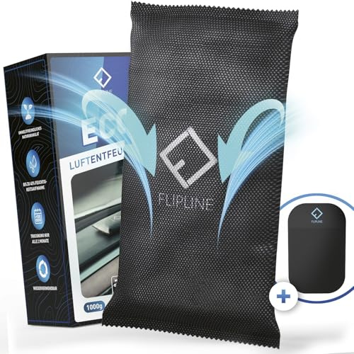 FLIPLINE Eco Luftentfeuchter Auto 1kg [Made in Germany] +ANTI-RUTSCH-PAD wiederverwendbarer Auto Entfeuchter (40% Absorption) gegen beschlagene Autoscheiben - Feuchtigkeitskissen aus Naturgranulat