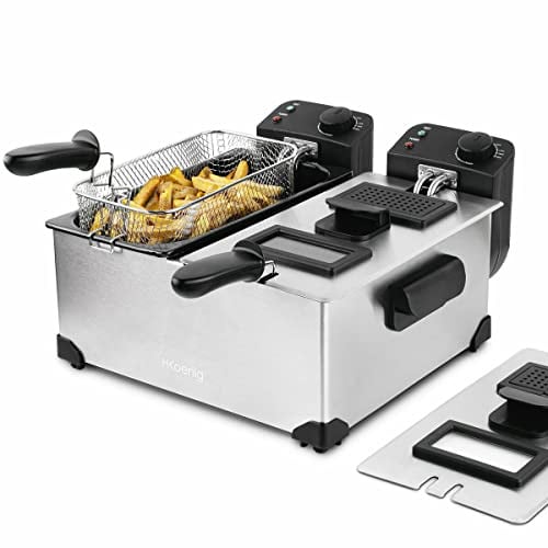 H.Koenig DFX600 Fritteuse aus Edelstahl, Doppelbecken, 2 unabhängige Thermostate je 3L, herausnehmbare spülmaschinenfeste Körbe, Geruchsfilter, Überhitzungsschutz, Silber