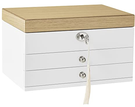 SONGMICS Schmuckkästchen 3 Ebenen, Schmuckkasten, Schmuckschatulle, großer Spiegel, 2 Schubladen, abschließbar, Geschenkidee, für Ringe, Ohrringe, Armbänder, Halsketten, weiß-holzfarben JOW15WN
