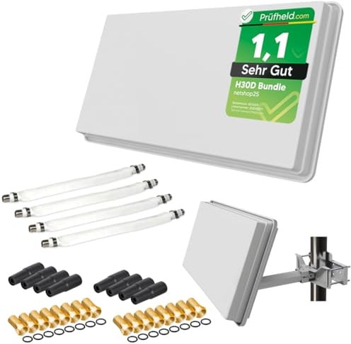 Sat Flachantenne Quad LNB HD Sat Anlage für 4 Teilnehmer H30D4+ kompakte Sat-Antenne mit Fensterhalterung und Zubehör Set - Starke Empfangsleistung für alle Satelliten von netshop 25