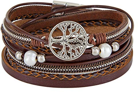StarAppeal Armband Wickelarmband mit Perlen, Ketten, Flechtelement und Lebensbaum Anhänger, Magnetverschluss Silber, Damen Armband