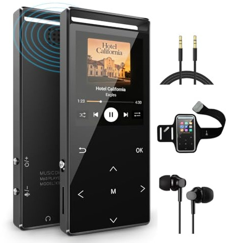 64GB MP3-Player, MUSRUN MP3 Player mit Bluetooth Armtasche, HiFi, AUX-Record, Sleeptimer, FM, FM-Record, Schwarz Matt