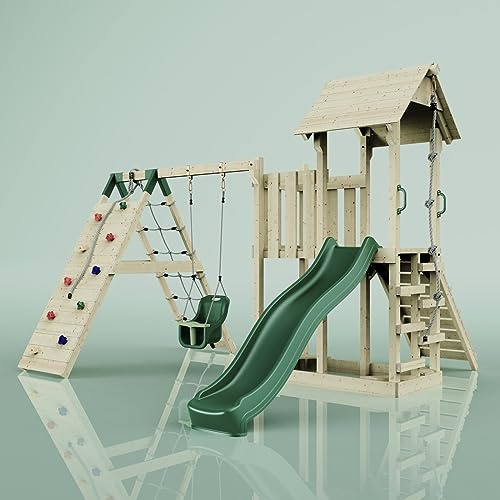 ReboOutdoor Spielturm mit Wellenrutsche, Klettergerüst mit Kletterturm, Kletterwand und Klettwernetz,Smaragdgrün
