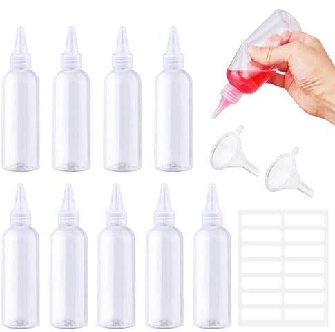 Prebarfun 10 Stk Quetschflaschen Kunststoff 100ml, Squeeze Flasche Klein | Leere Quetschflasche, Plastikflaschen zum Befüllen, Saucenflasche mit Kappen, Trichtern, Etiketten für soßen und Farben usw.