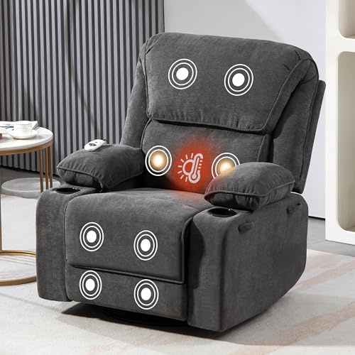 BRTHORY Relaxsessel mit Massagefunktion Fernsehsessel Liegefunktion Vibration Heizung, Dicke Rückenlehne und Armlehnen, Massagesessel mit Wippfunktion, 360°drehbar, Grau