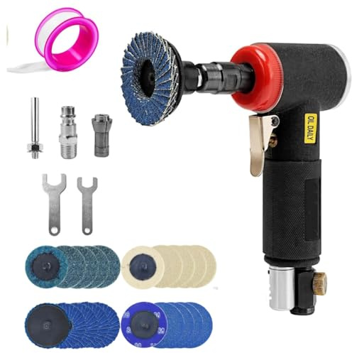 Mini Druckluftschleifer Set, 3/6 mm Spannzangen, 20 Schleifscheiben | 90° abgewinkelter Mini-Luftschleifer mit 3-/6-mm-Spannzangen und 20 2-Zoll-Schnellwechselscheiben.