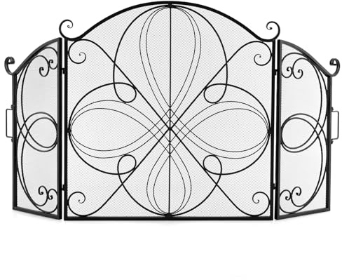 COSTWAY Kaminschutzgitter, 3-teilige Faltbare Kamingitter, Kamin Funkenschutz, Kaminzaun mit stabilem Metallrahmen, Kaminfunkenschutz, Funkenschutzgitter, schwarz, 151 x 83 cm