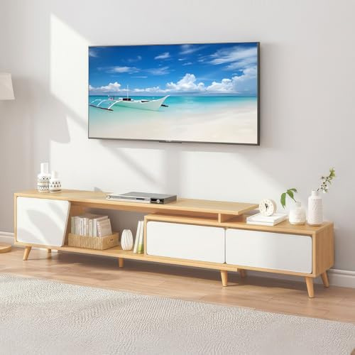 SHARPDO Ausziehbarer TV-Schrank 140-190 cm, Lowboard für Wohnzimmer | Fernsehtisch mit 2 Schubladen, 1 Schrankfach mit Tür, 1 offenem Fach, TV Board Weiß & Holz