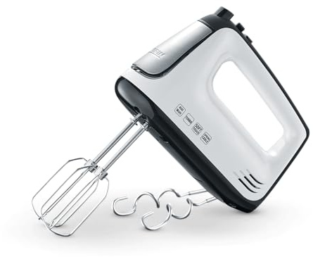 SEVERIN Handmixer, Handrührgerät mit 5 Geschwindigkeitsstufen, praktischer Handrührer mit 2 Edelstahl-Rührbesen und -Knethaken, 400 W, weiß-schwarz / Edelstahl, HM 3830