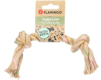 Flamingo Puppy Spielzeug Luro Seil mit 2 Knoten Braun – L | 38 cm L x 6 cm B x 6 cm H, 100% Natürlicher Hanf, Verhindert Zahnbelag und Massiert das Zahnfleisch, Perfekt für Welpen!